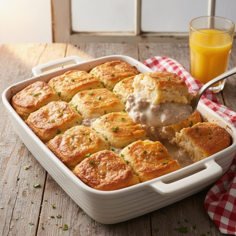 Hearty Biscuits and Gravy Breakfast Casserole (No Eggs, Canned Biscuits)