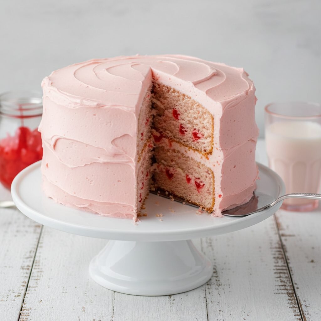 Nostalgic Homemade Cherry Chip Cake with Creamy Cherry Frosting