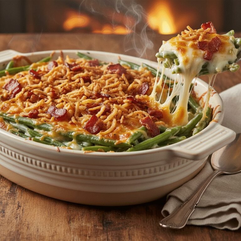 Creamy Green Bean Alfredo Casserole with Crispy Bacon and Fried Onions