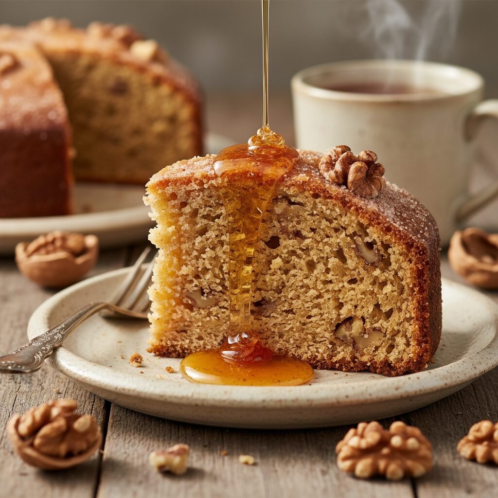Moist and Golden Honey Walnut Cake Recipe