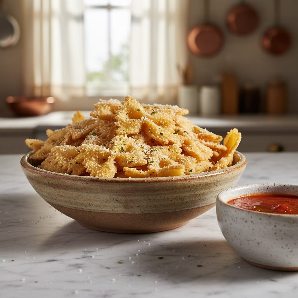 Crispy Parmesan Garlic Pasta Chips with Whipped Feta Dip